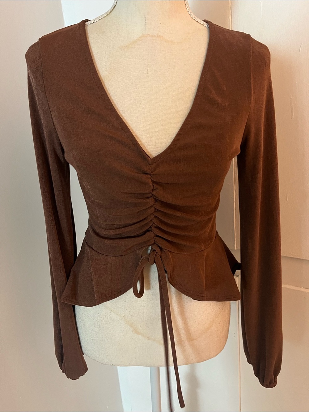 Brown Ruched V-Neck Peplum Top with Long Puff Sleeve Fits Size Med/Large
